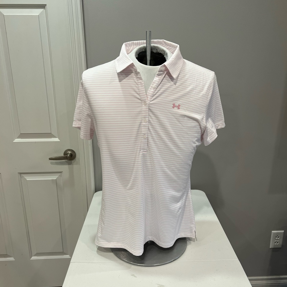 Under Armour striped pink/white golf polo shirt